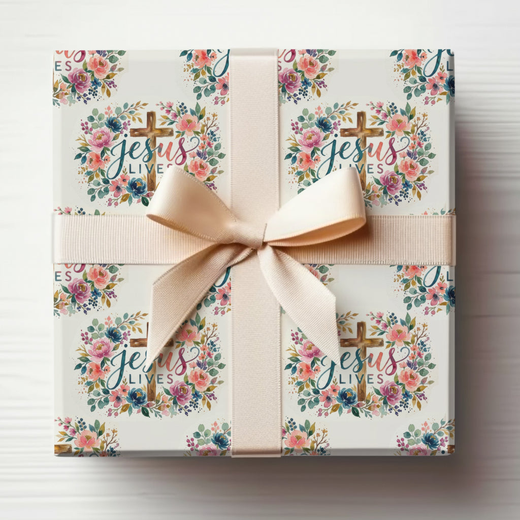Jesus Lives Cross Floral Wreath Wrapped Gift product type