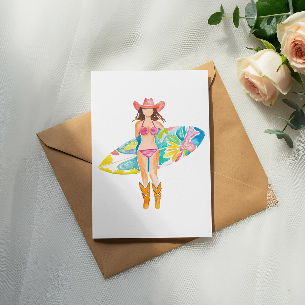 Watercolor illustration of a woman in a bikini, cowboy hat, and boots holding a surfboard.
