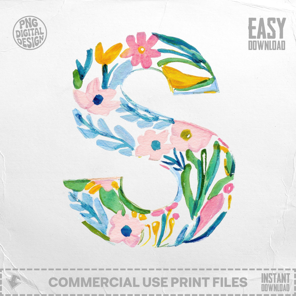 Watercolor letter S with floral and leaf accents, easy download.