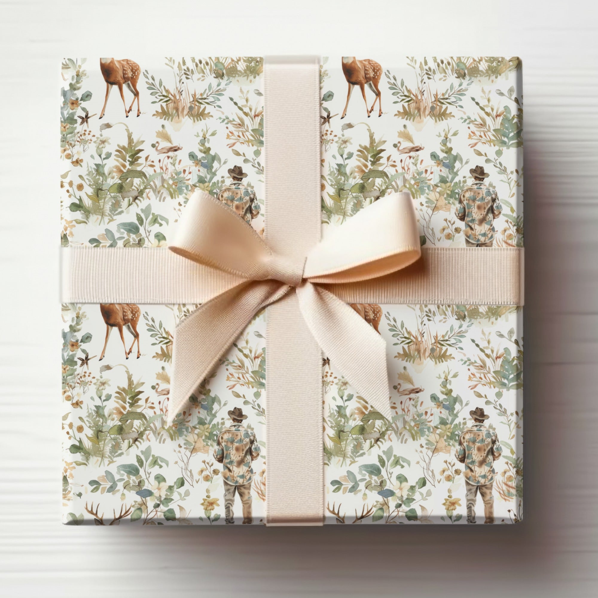 Elegant Nature Theme Gift Wrap with Beige Ribbon