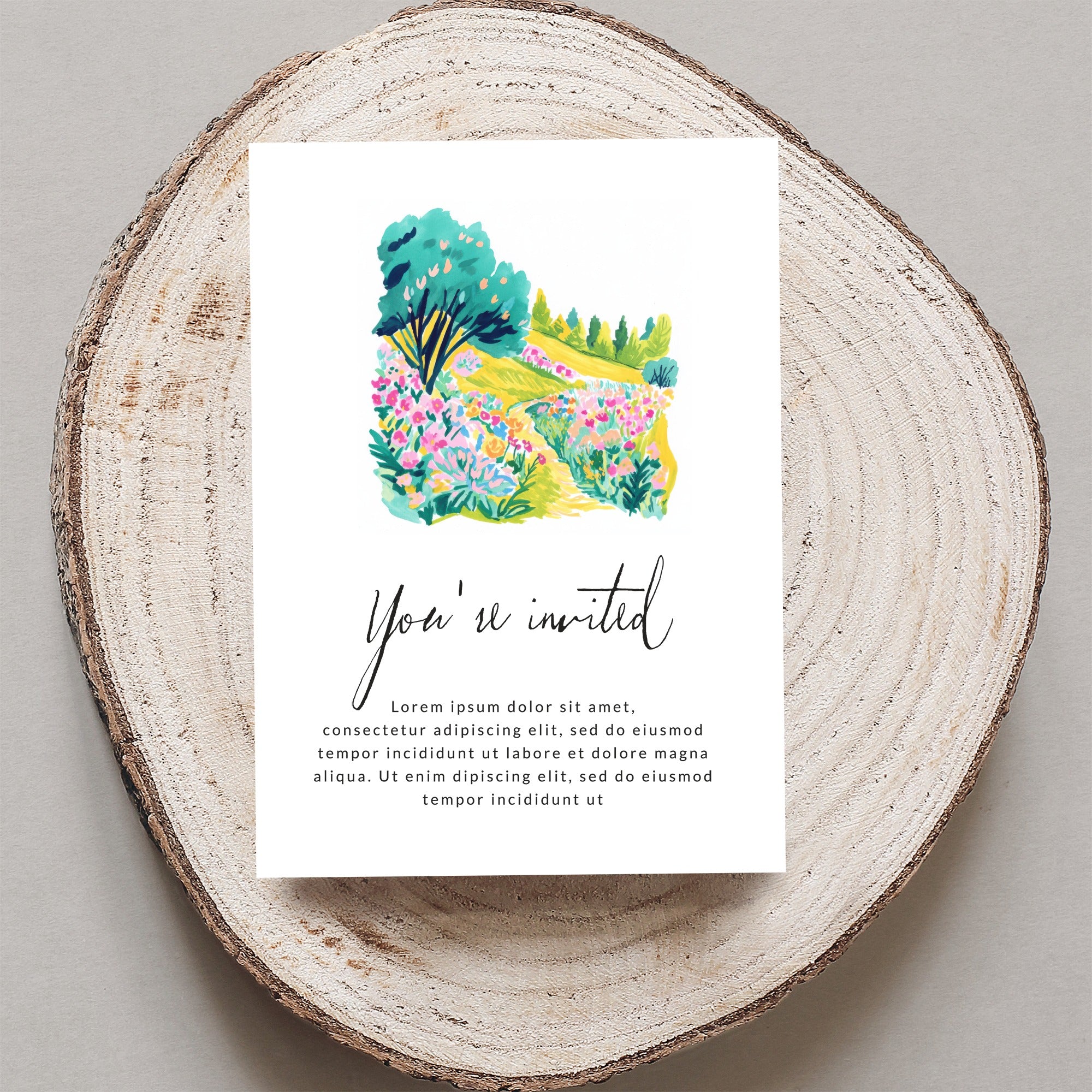 "You're invited" card with a landscape illustration and placeholder text.