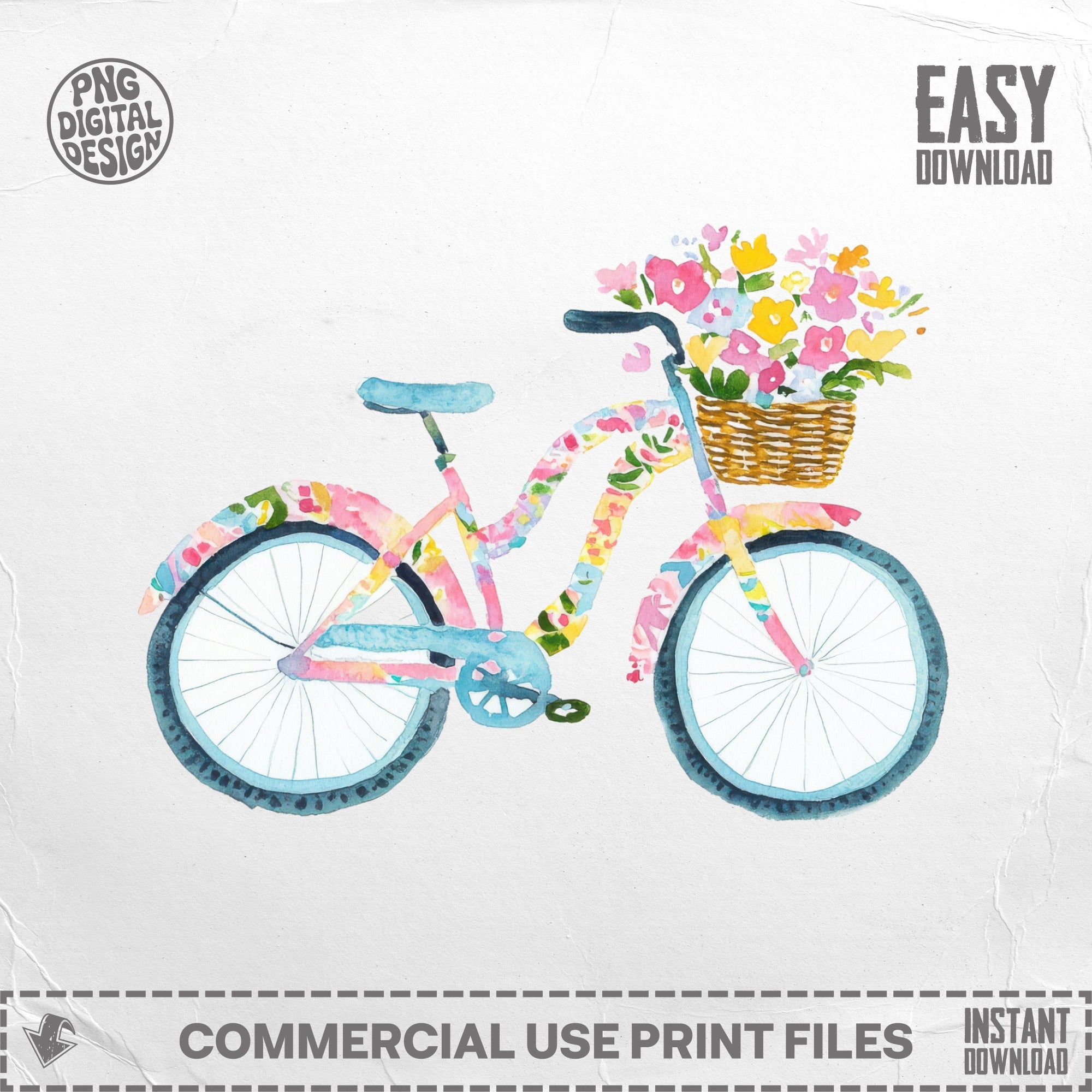 Watercolor bicycle with floral pattern and basket of flowers.