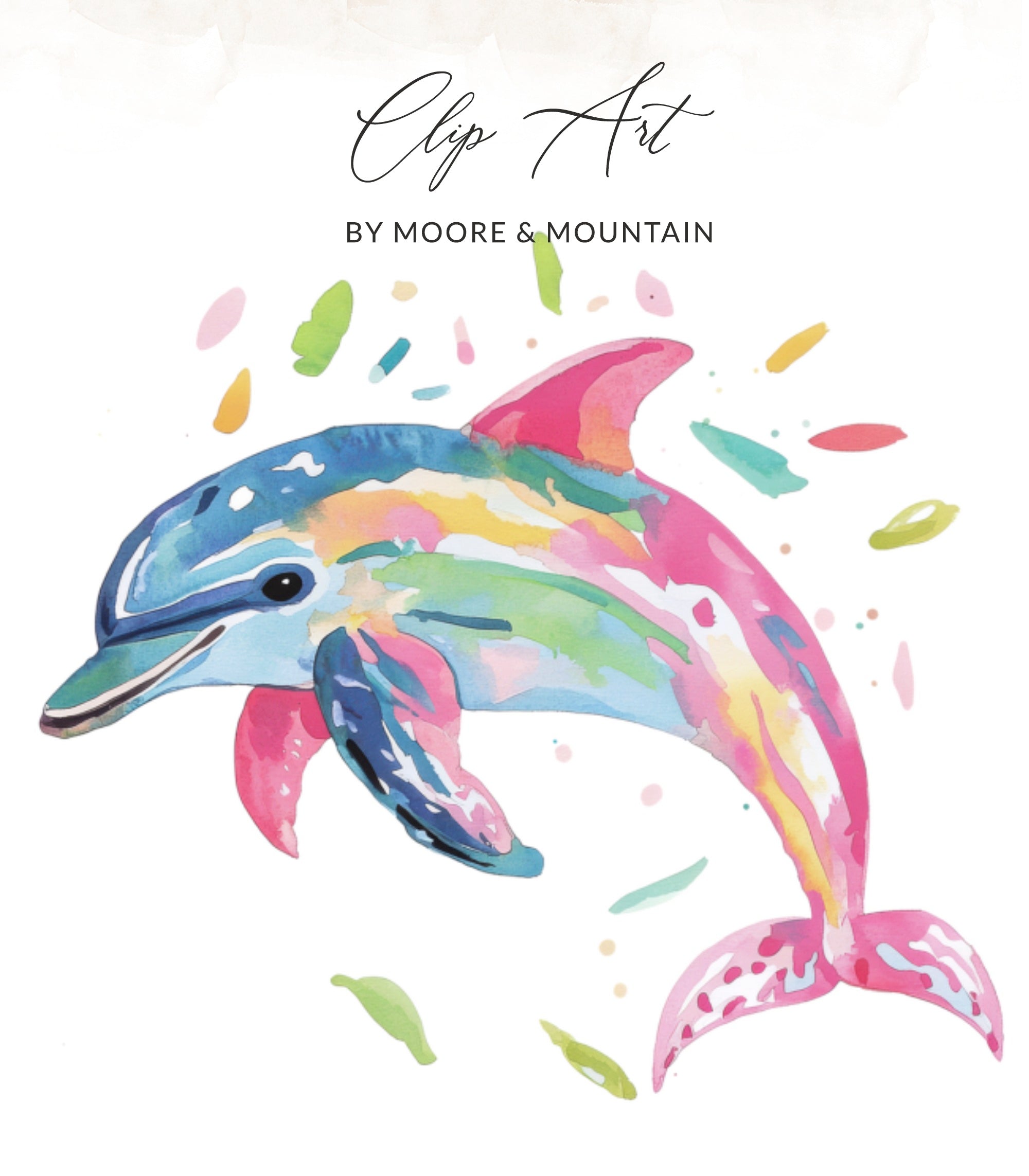 Watercolor dolphin with colorful splashes and "Clip Art" text.