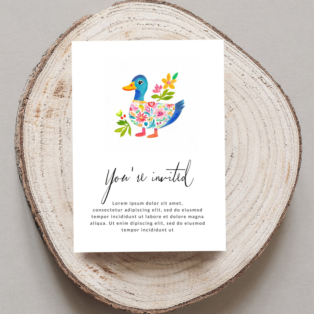 Watercolor duck with floral accents on a "You're invited" card.