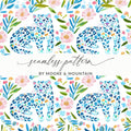 Seamless pattern with blue leopards and floral illustrations by Moore & Mountain.