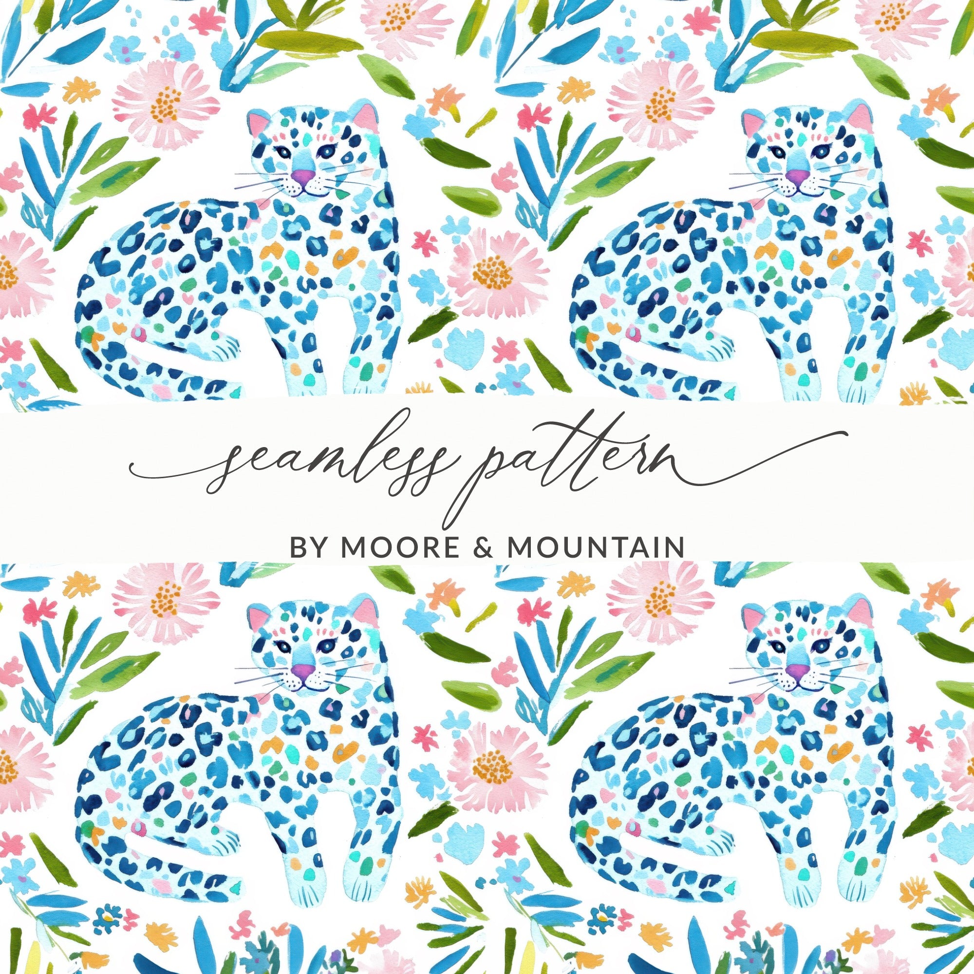 Seamless pattern with blue leopards and floral illustrations by Moore & Mountain.