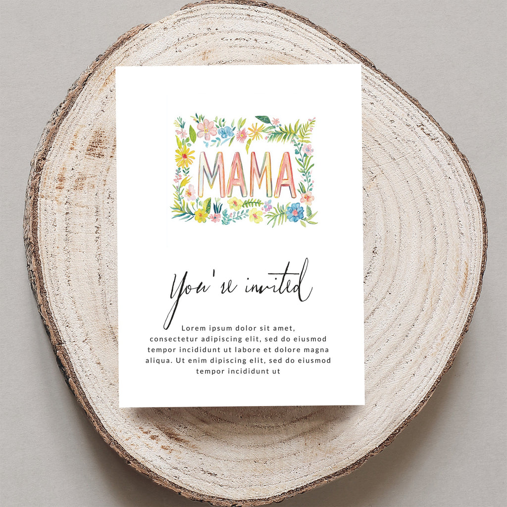 Card with "MAMA" in floral lettering and "You're invited" text.