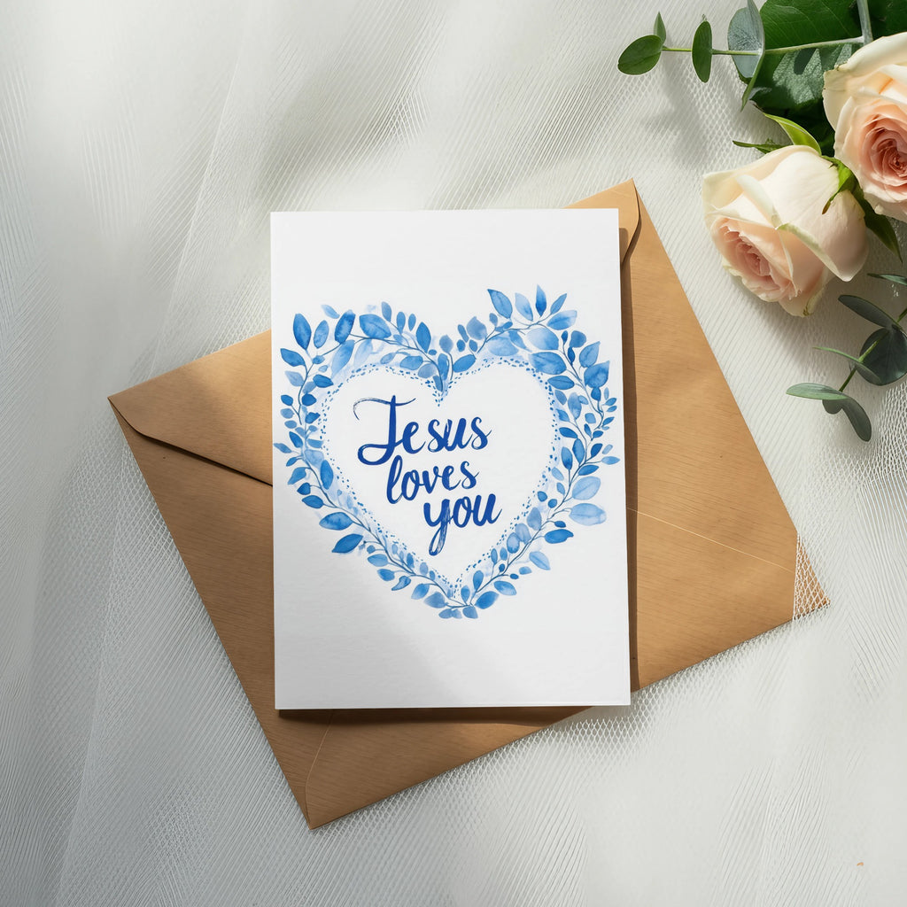 Greeting card with blue heart wreath and text "Jesus loves you."