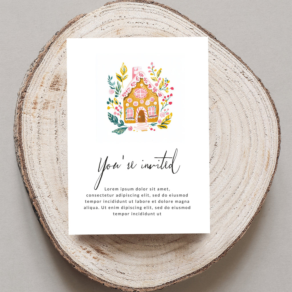 Invitation with gingerbread house illustration and placeholder text.