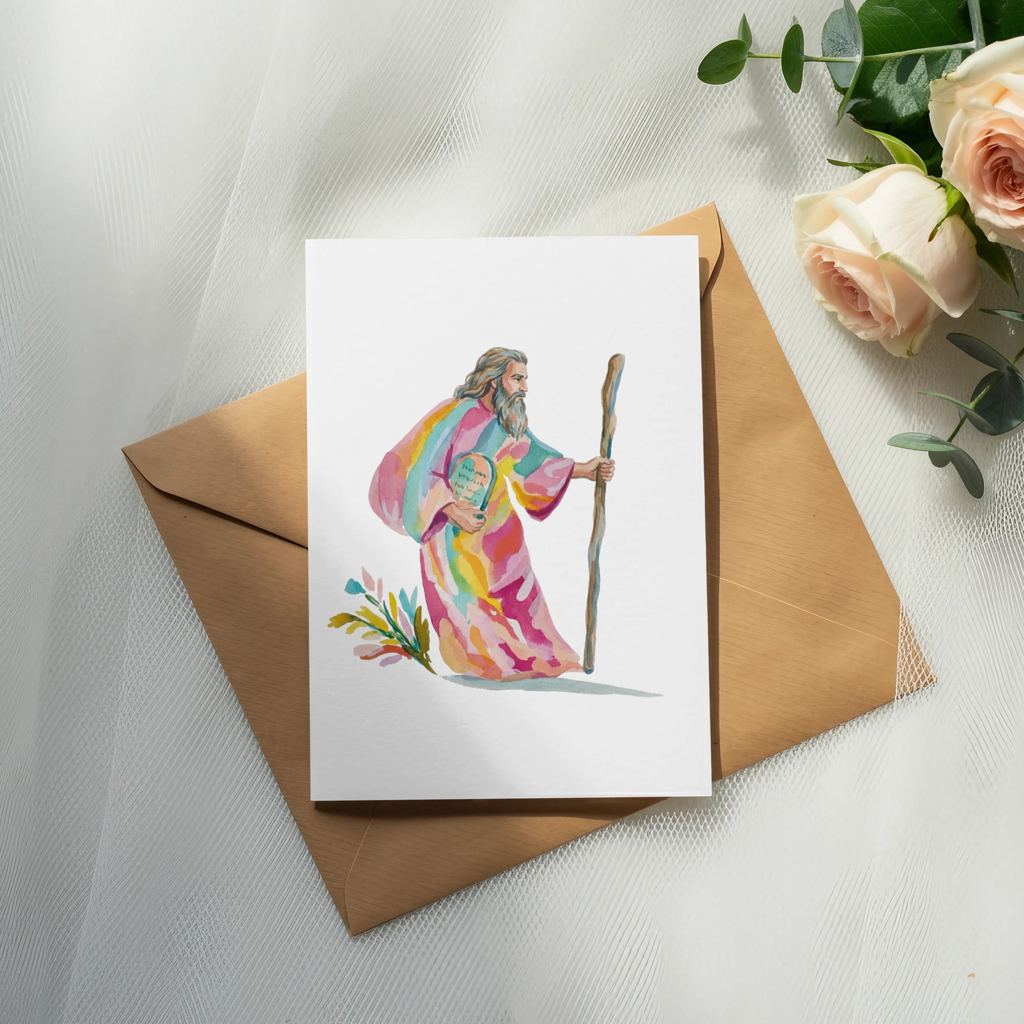 Watercolor illustration of Moses in colorful robes holding staff, on a card.