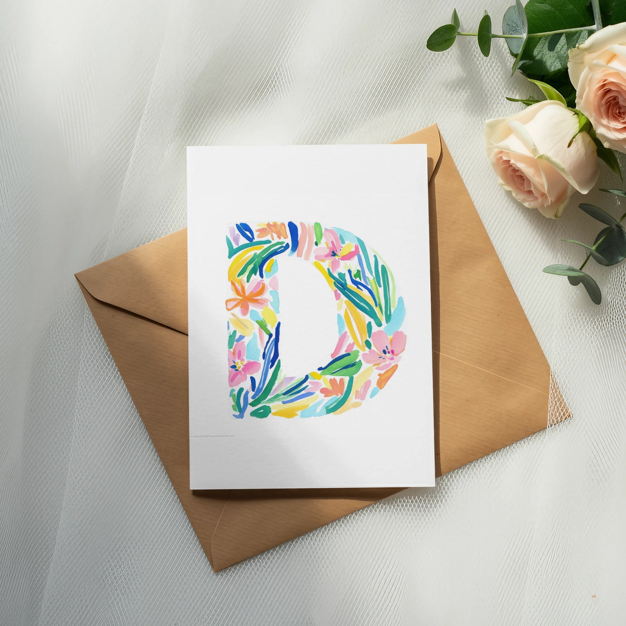 Card with a colorful floral letter "D" on a brown envelope.