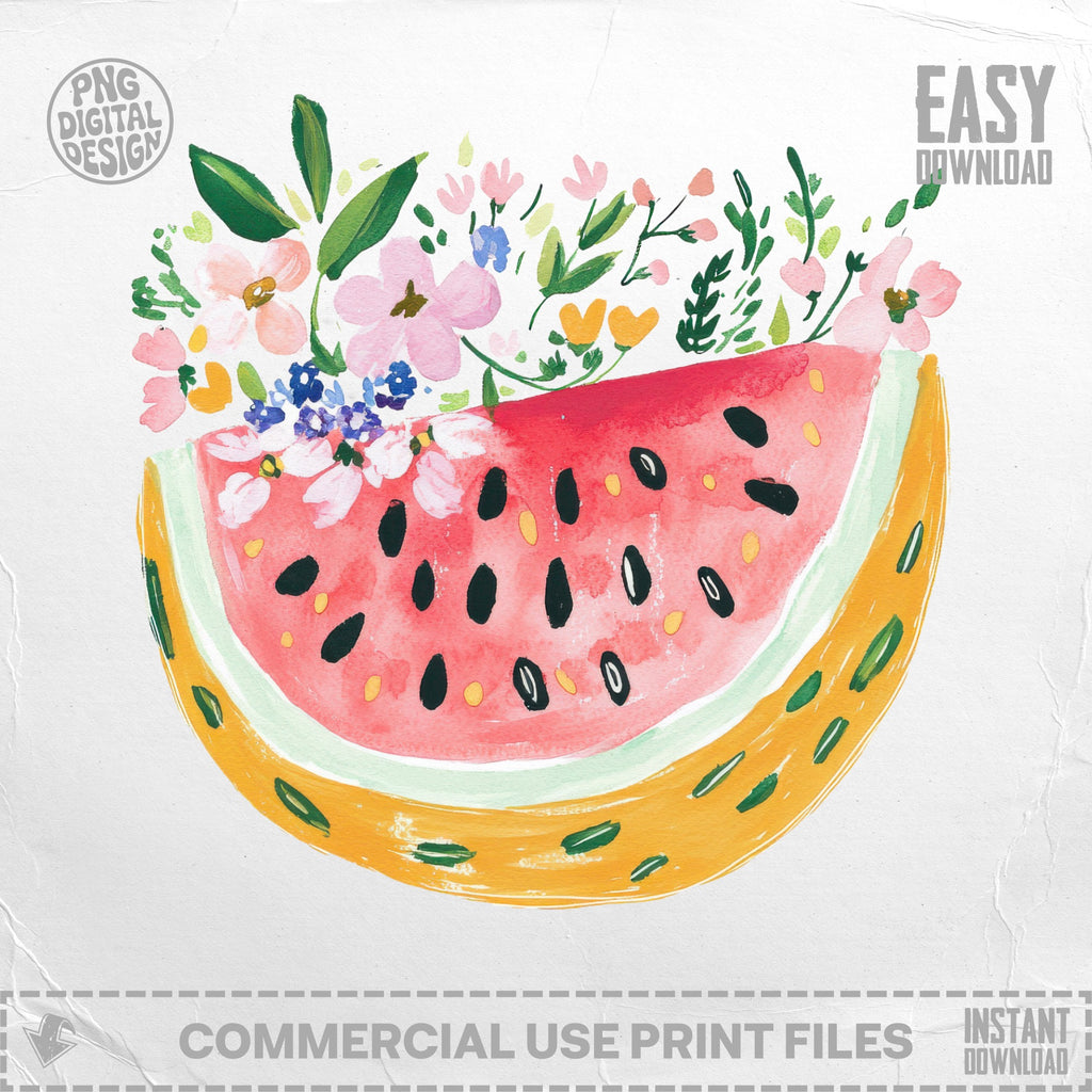 Watercolor slice of watermelon with colorful flowers and leaves.