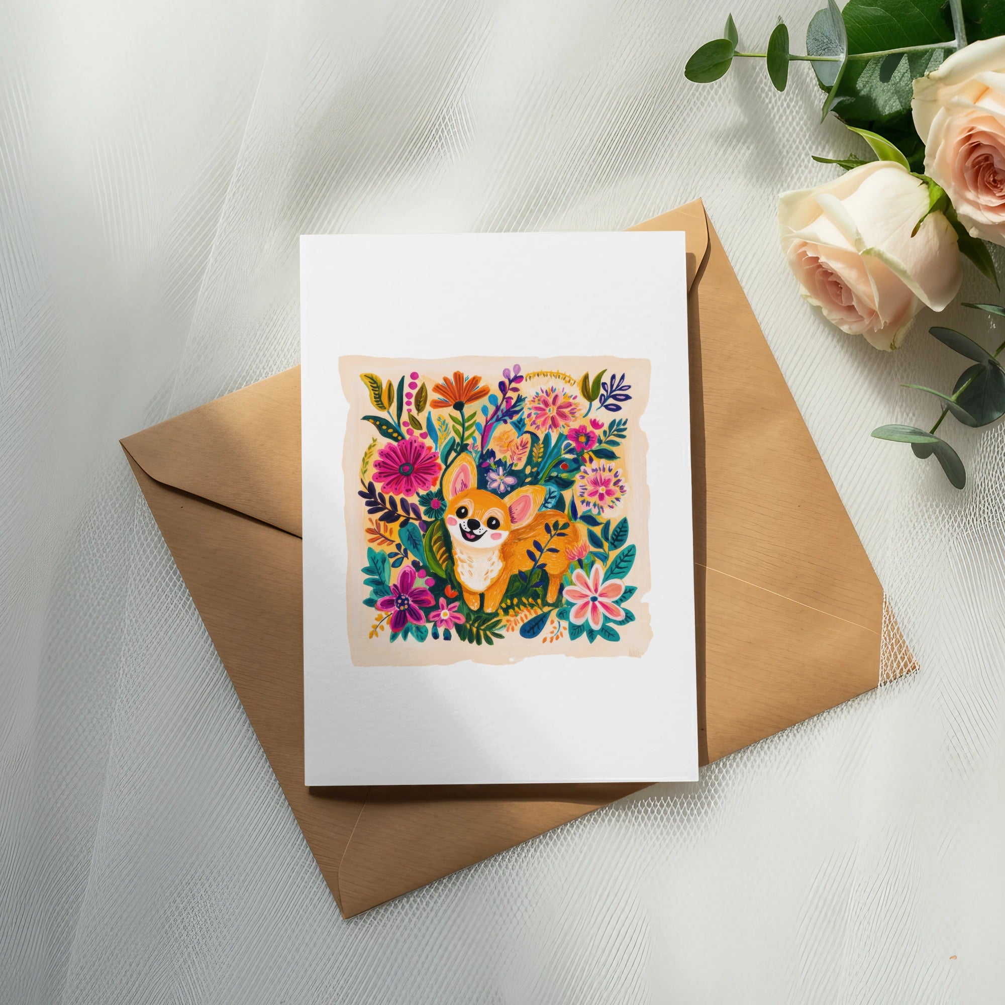Card with cheerful corgi and floral illustration on brown envelope.
