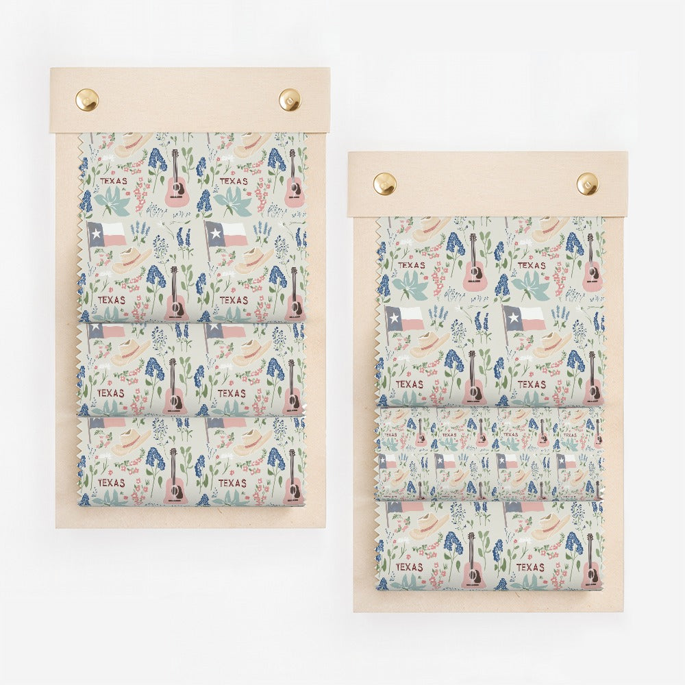 Fabric swatches with Texas theme: flag, hats, guitars, and flowers.