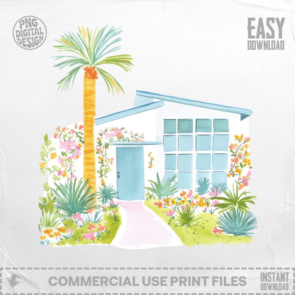 Watercolor illustration of a mid-century modern house with palm tree and colorful flowers.
