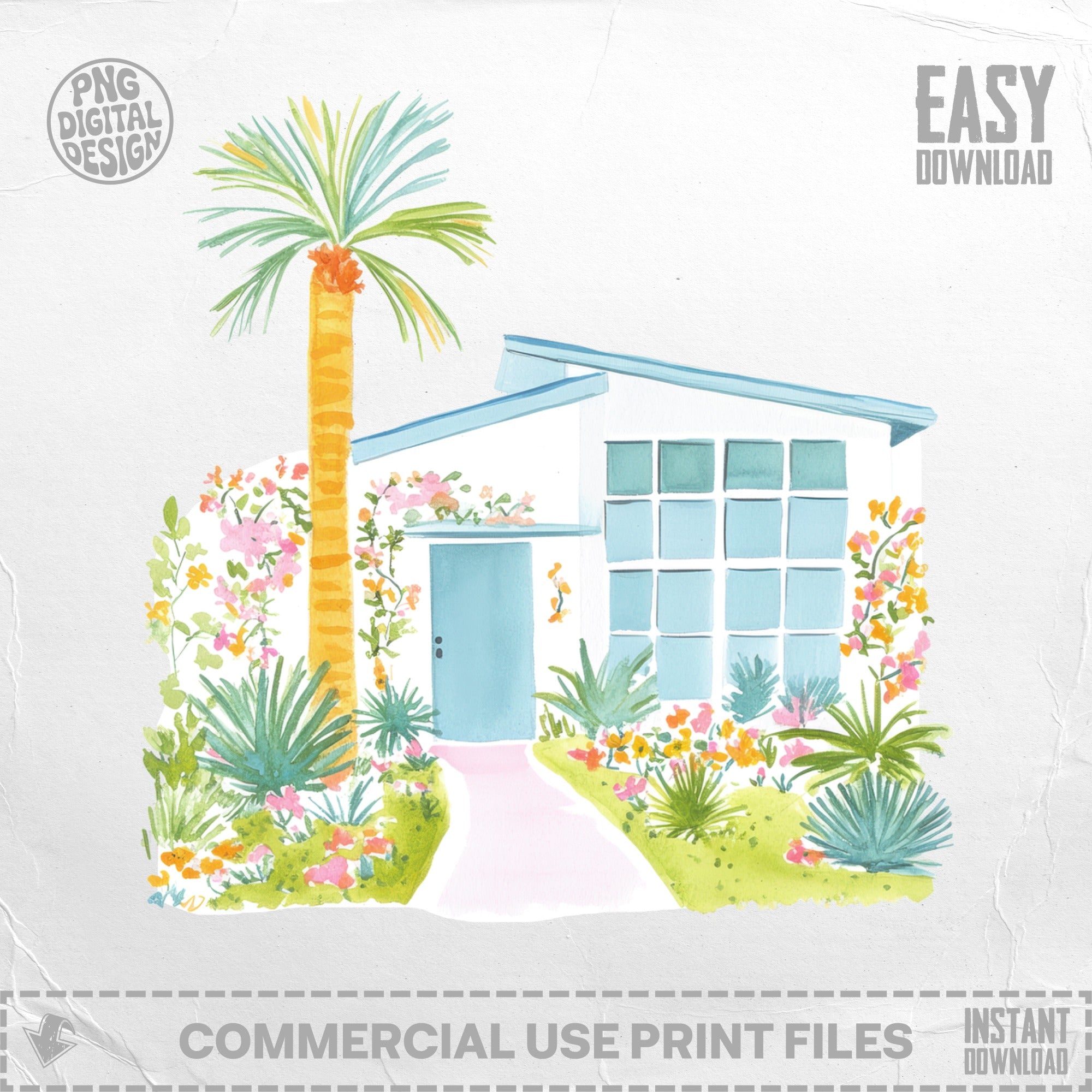 Watercolor illustration of a mid-century modern house with palm tree and colorful flowers.