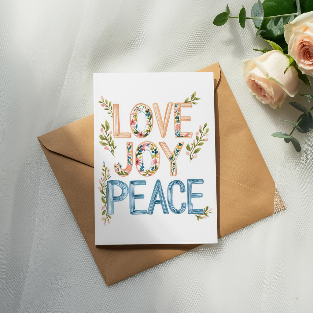 Greeting card with "LOVE JOY PEACE" in colorful, floral lettering on envelope.
