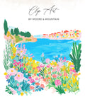 Impressionistic floral landscape with colorful flowers and a coastal village.