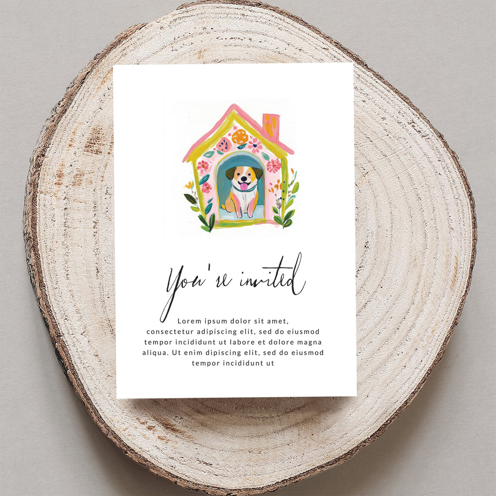 Invitation card with "You're invited" text and a dog in a kennel illustration.
