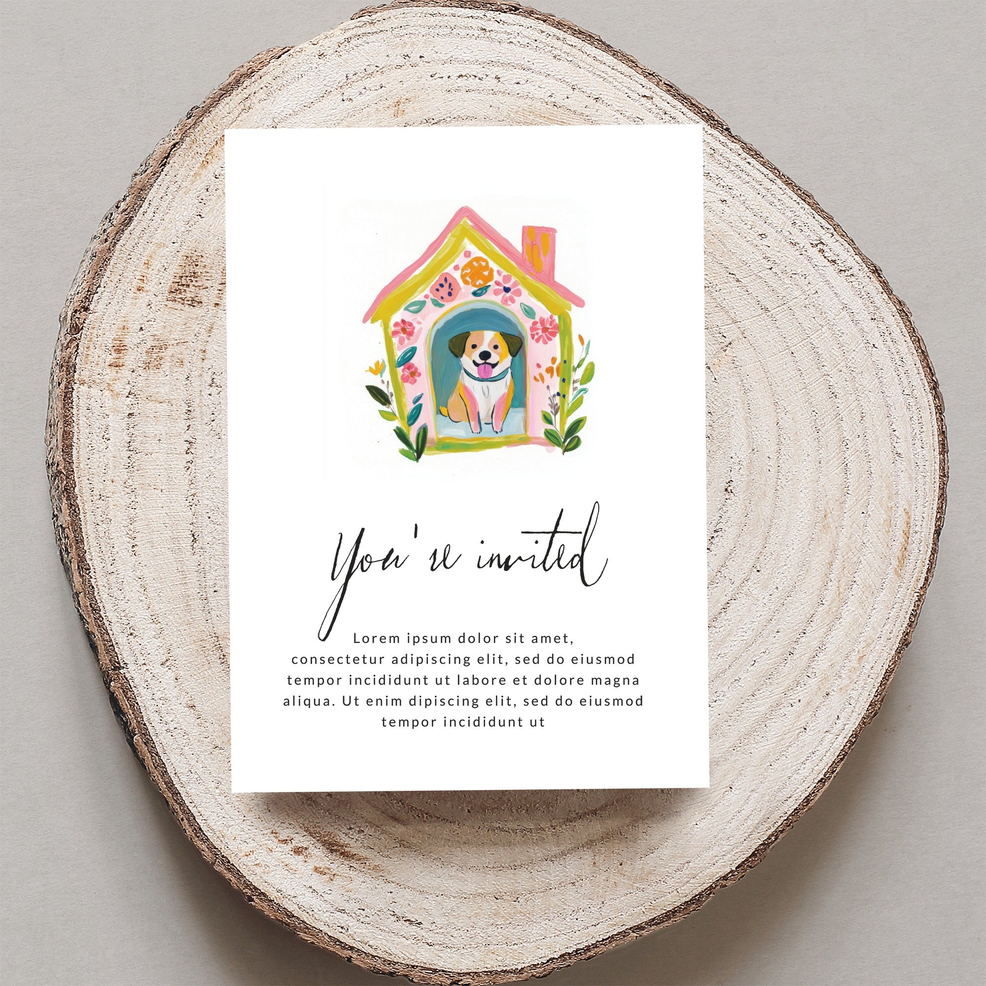 Invitation card with "You're invited" text and a dog in a kennel illustration.