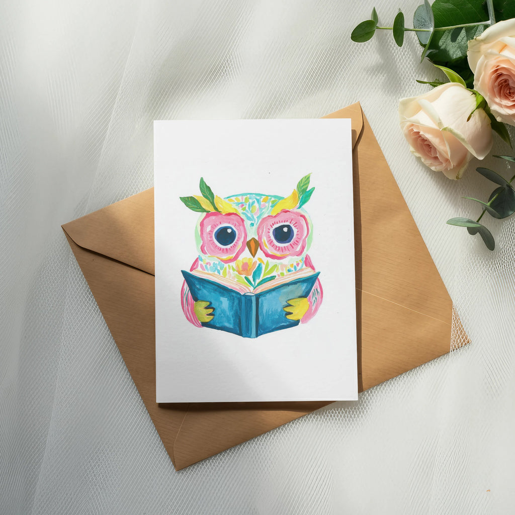Watercolor owl reading a book on a brown envelope.
