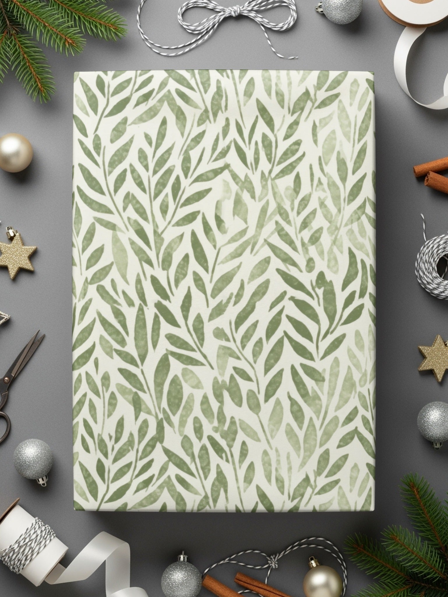 Festive Green Leaf Pattern Wrapping Paper Holiday Decor