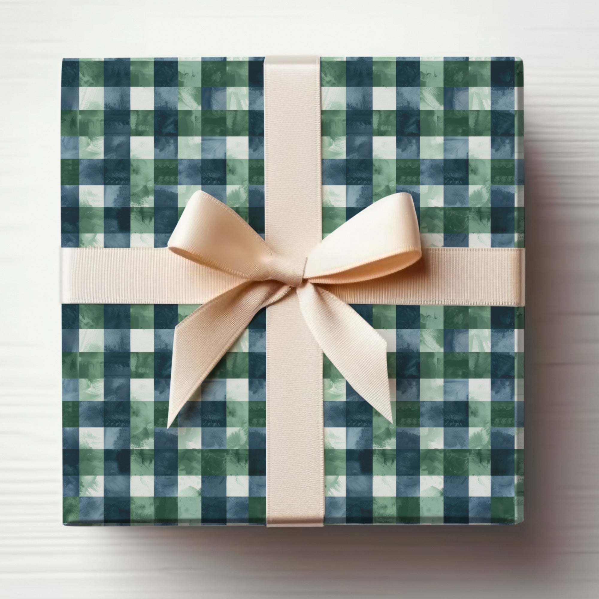 Elegant Green and Blue Plaid Gift Wrap with Ribbon