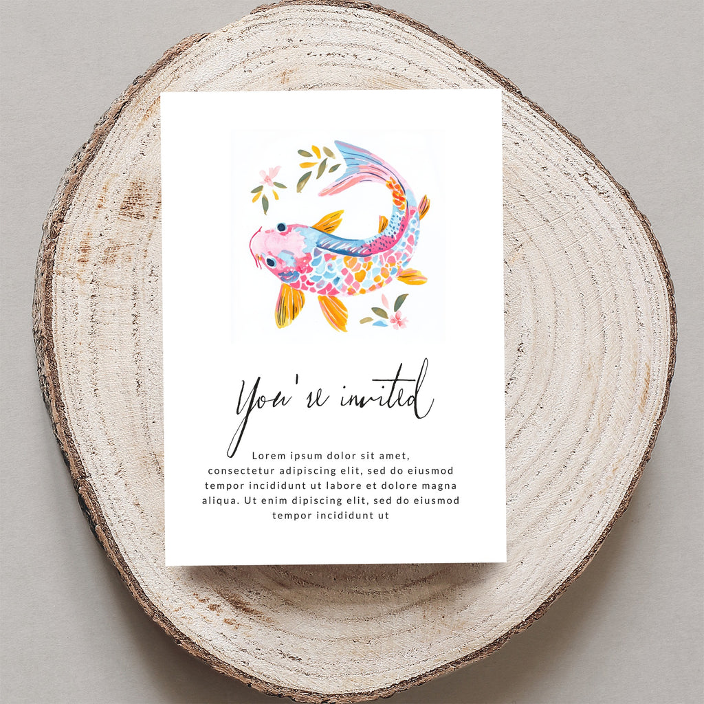 Invitation with colorful koi fish illustration and placeholder text.