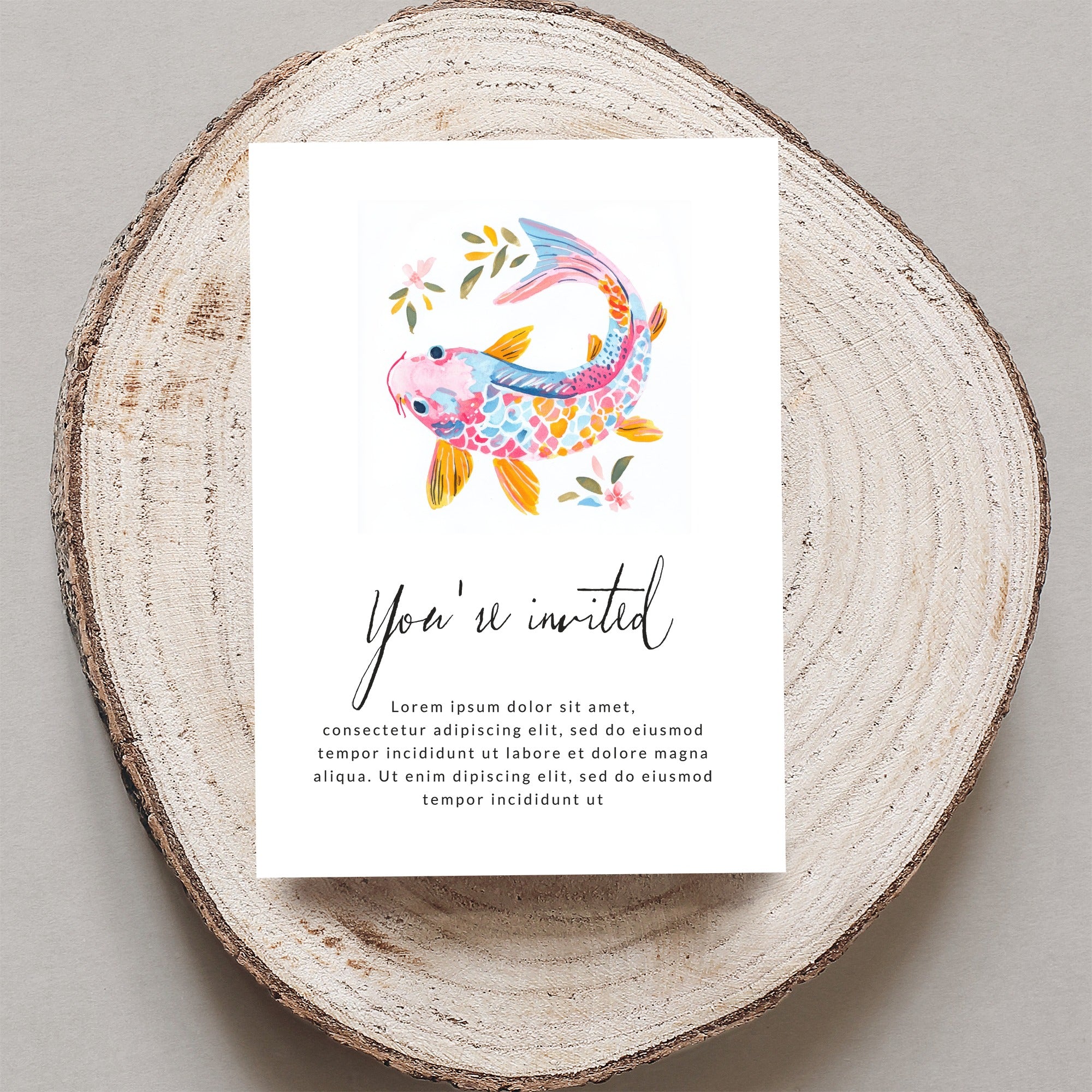 Invitation with colorful koi fish illustration and placeholder text.