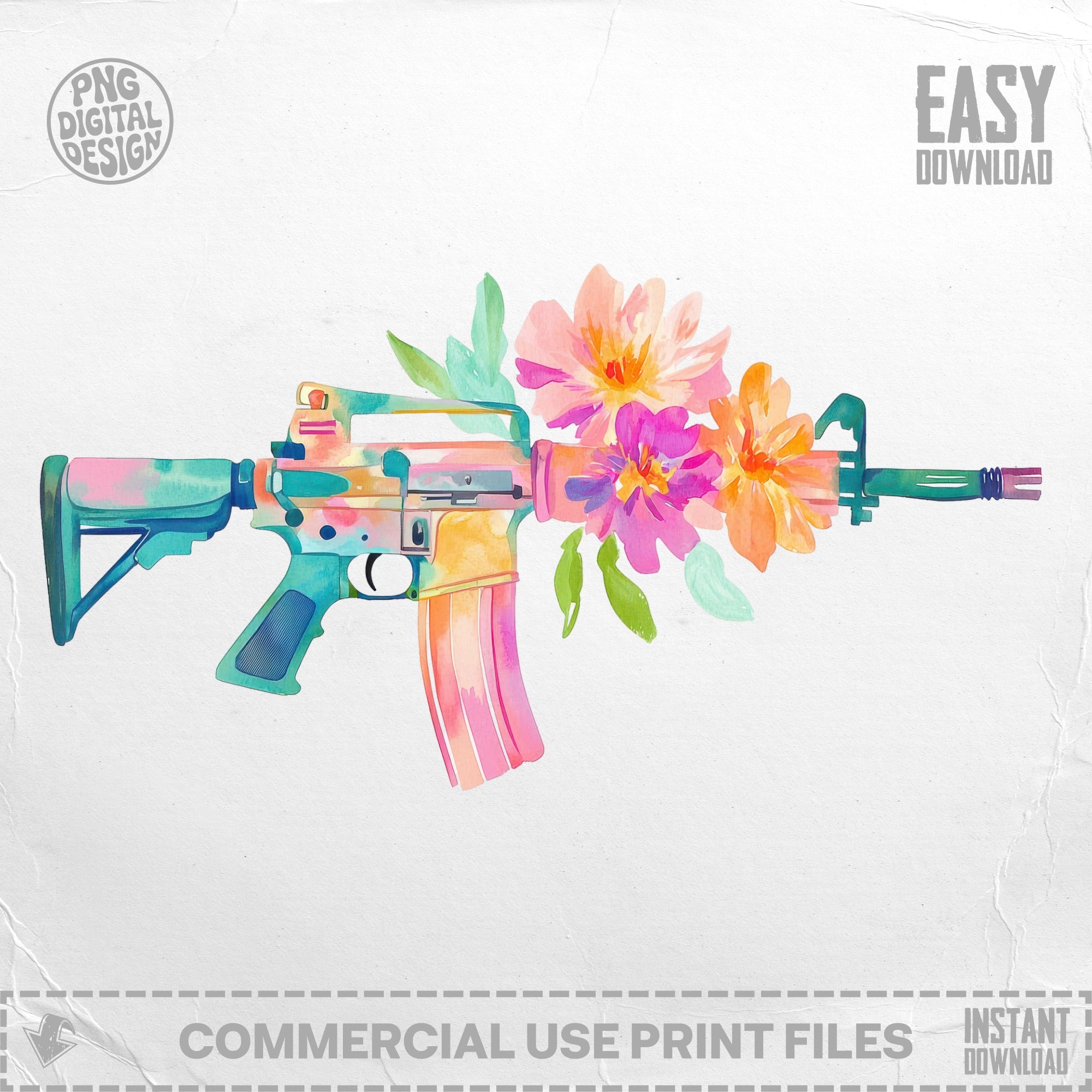 Watercolor rifle adorned with colorful flowers.