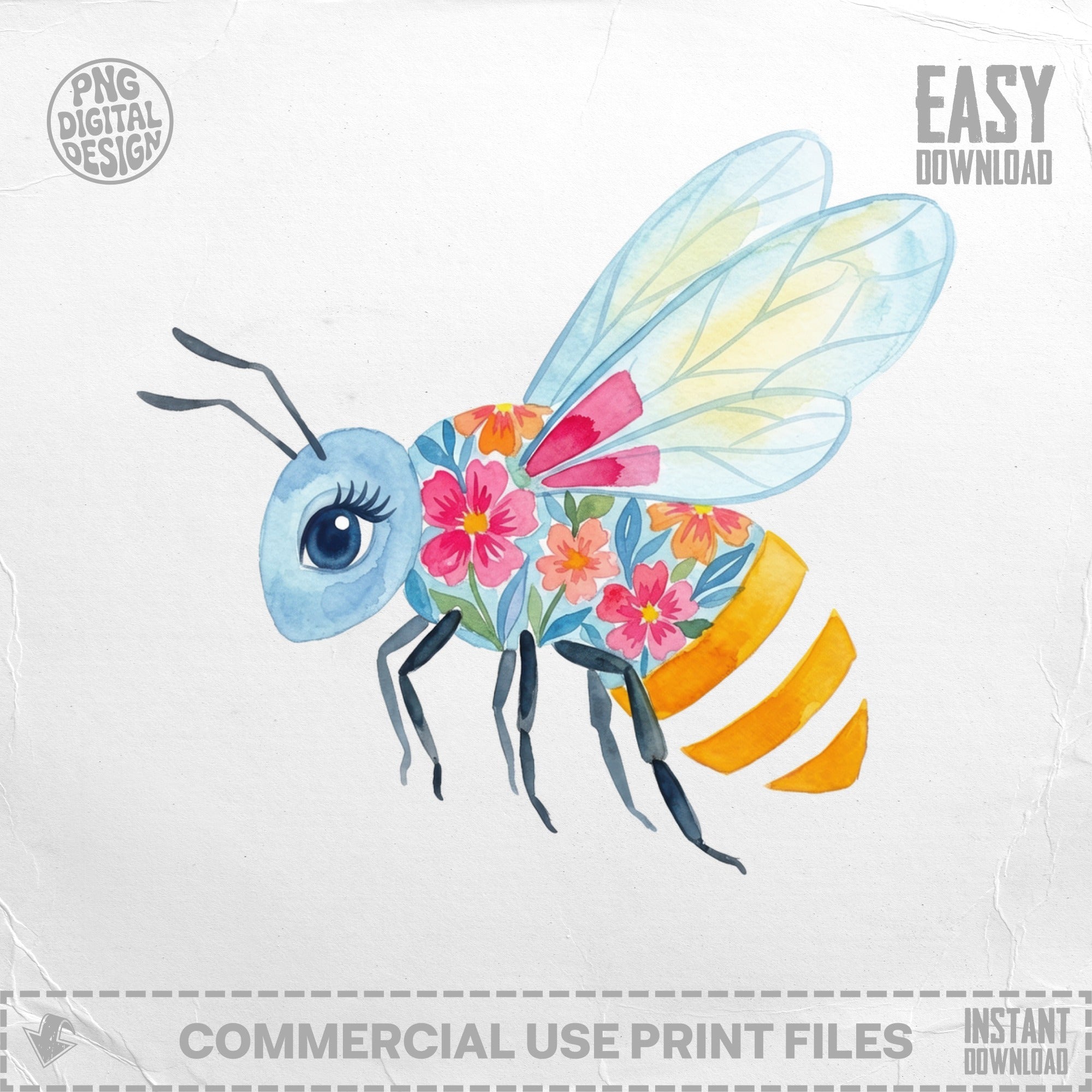 Watercolor bee with floral pattern on body and striped abdomen.