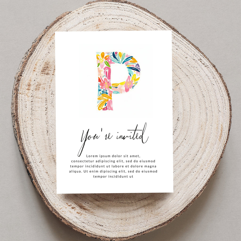 Invitation card with colorful floral letter P and placeholder text.