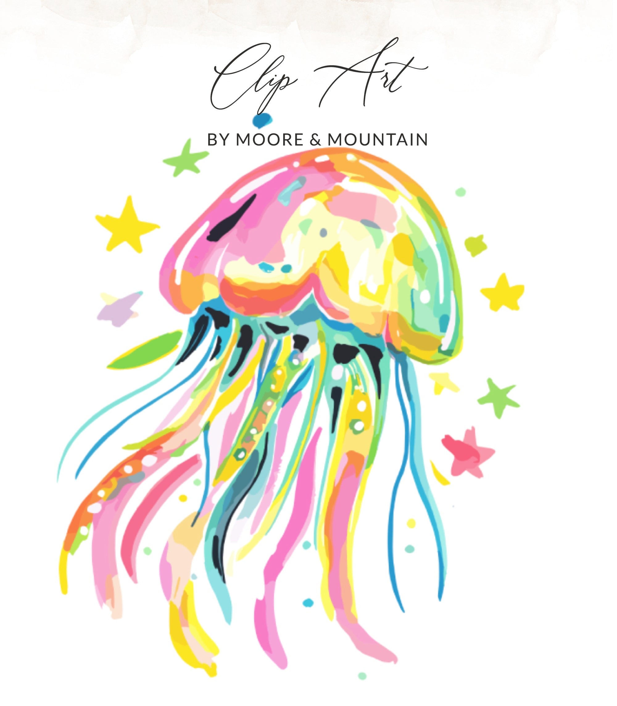 Colorful watercolor jellyfish with stars, "Clip Art" text by Moore & Mountain.