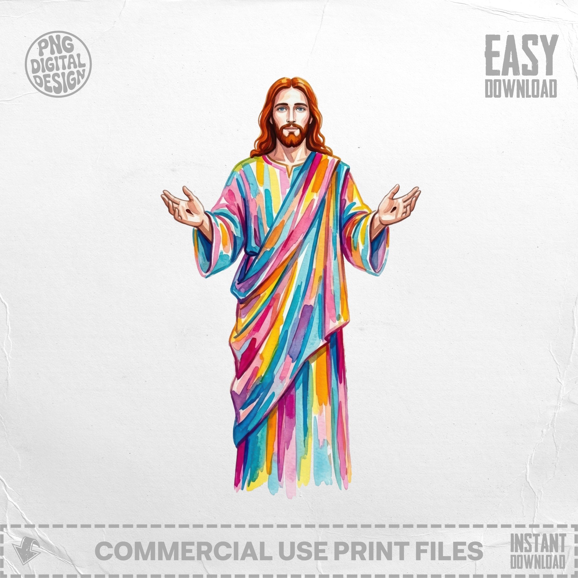 Jesus in colorful robe with arms outstretched, watercolor style.