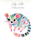 Colorful watercolor raccoon illustration with "Clip Art" and "BY MOORE & MOUNTAIN" text.