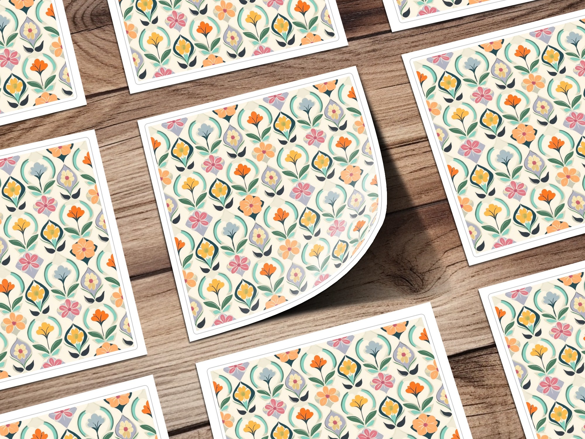 Floral pattern on paper squares scattered on a wooden surface.