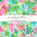 Seamless floral pattern with pink flowers and green leaves, by Moore & Mountain.