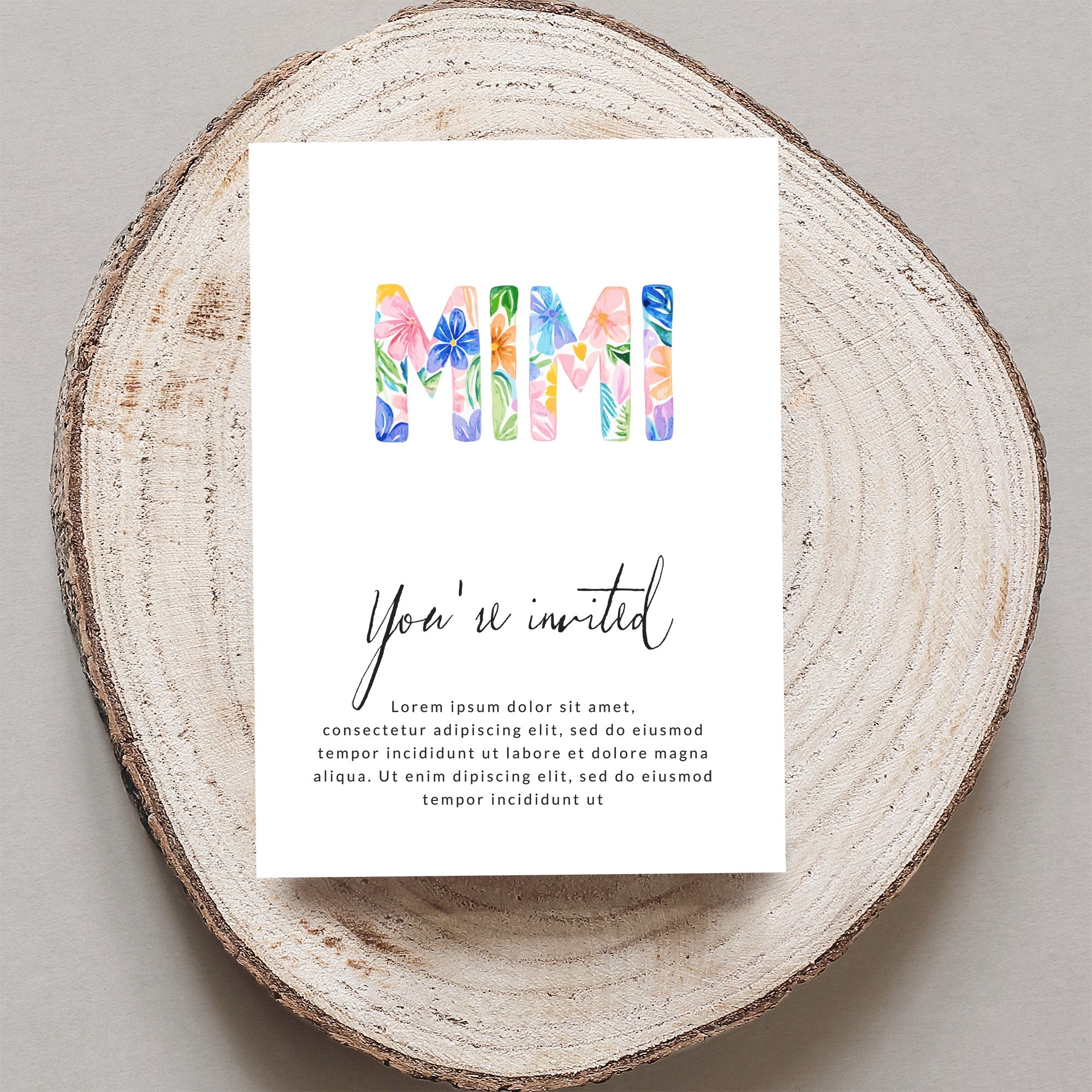 Greeting card with floral letters spelling "MIMI" and "You're invited" text.