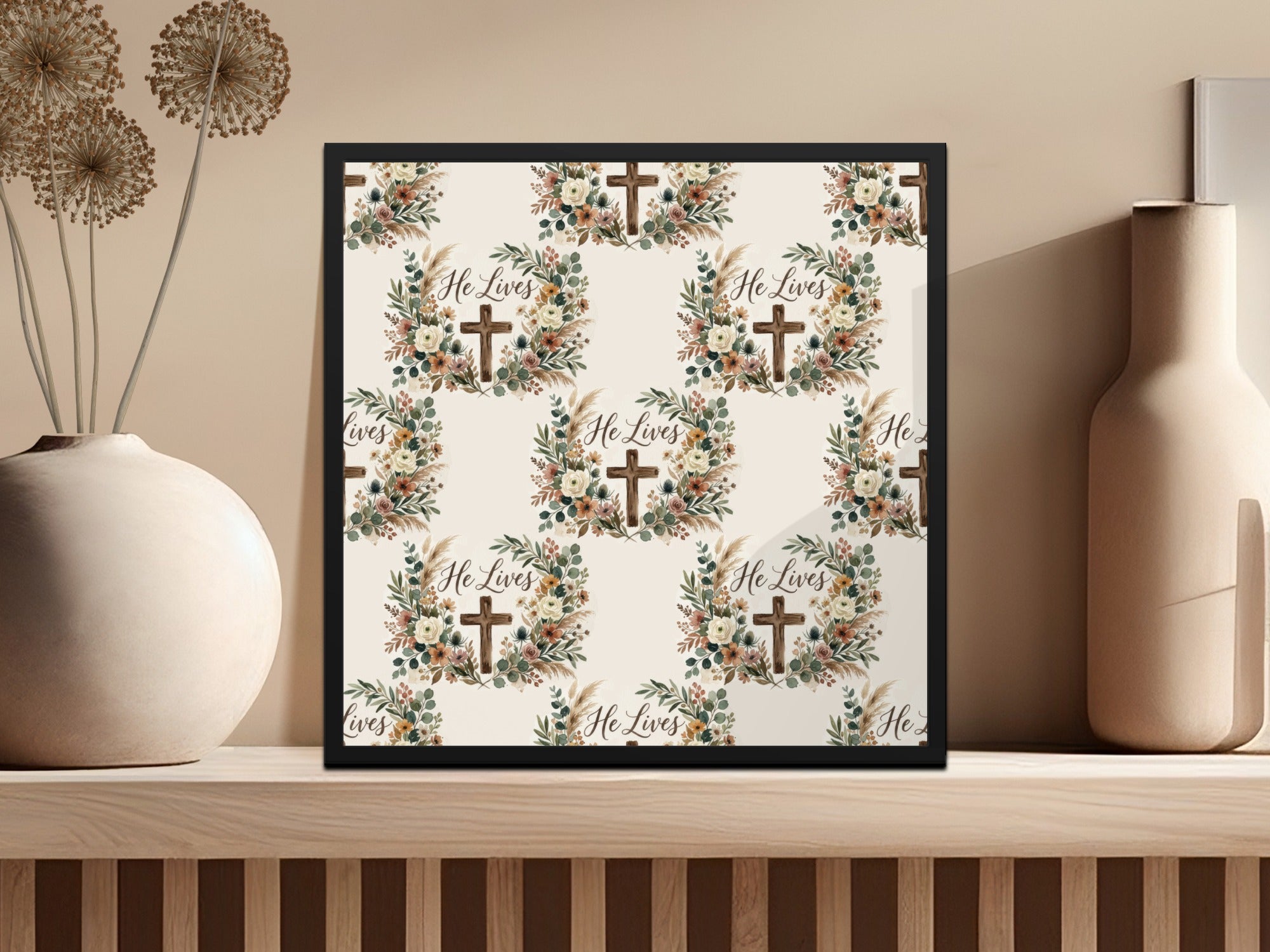 He Lives Cross Floral Wreath Pattern Scripture Art product type