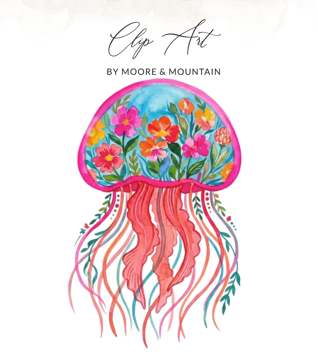 Watercolor jellyfish illustration with floral accents and colorful tentacles.