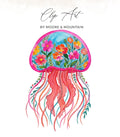 Watercolor jellyfish illustration with floral accents and colorful tentacles.