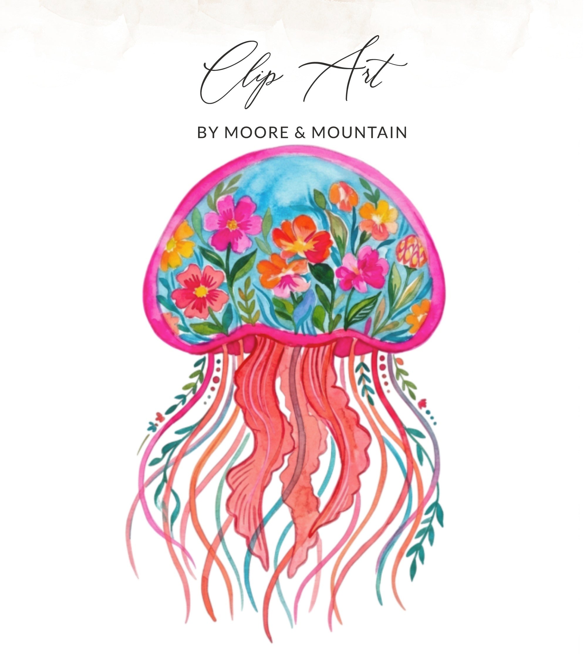 Watercolor jellyfish illustration with floral accents and colorful tentacles.