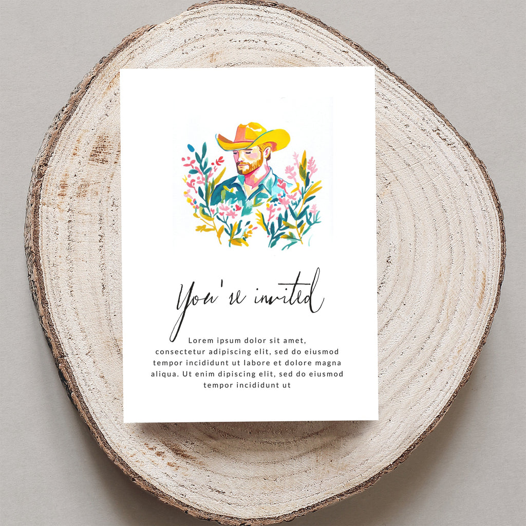 Invitation with watercolor cowboy art and placeholder text.
