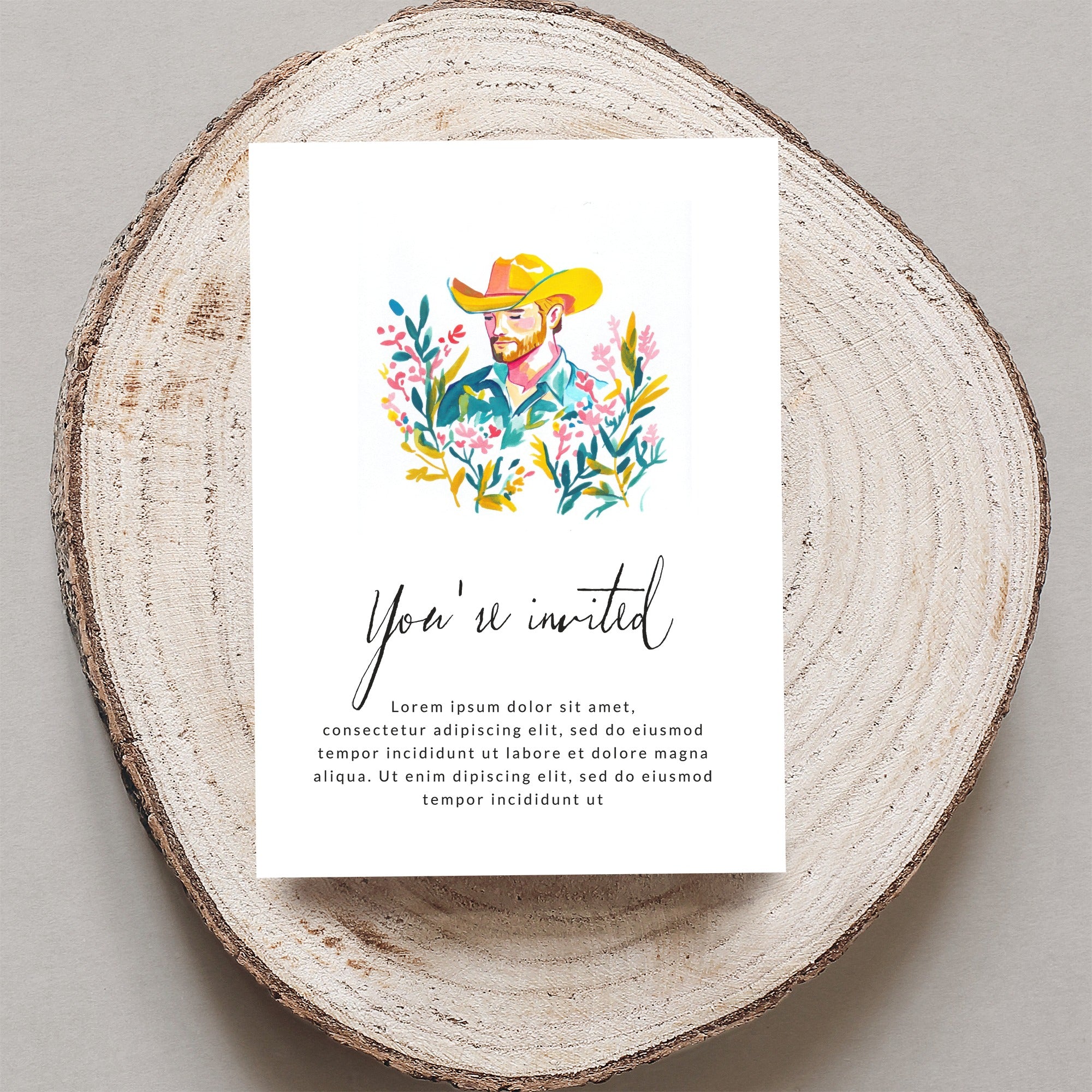 Invitation with watercolor cowboy art and placeholder text.