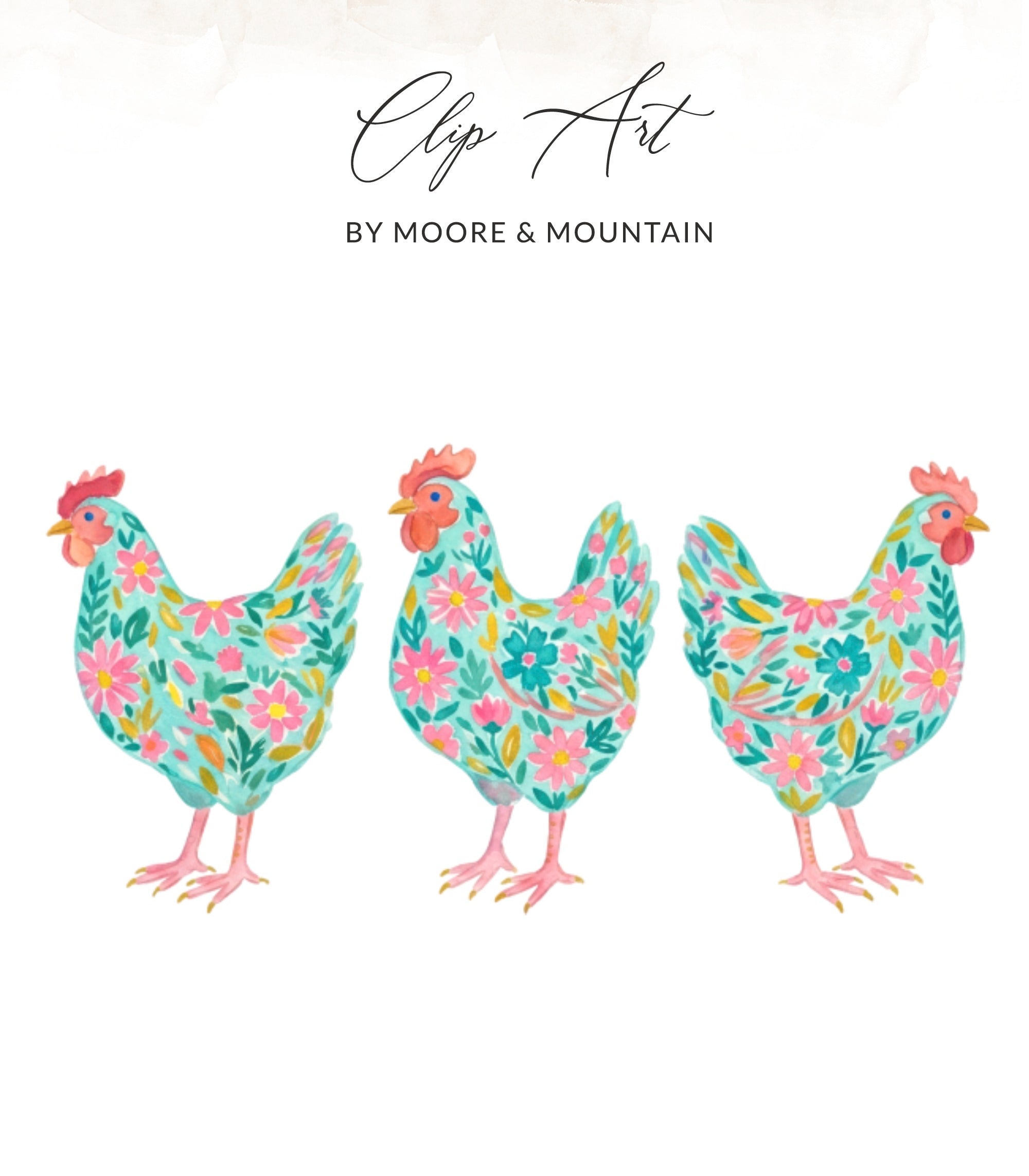 Three watercolor chickens with floral patterns on a white background.