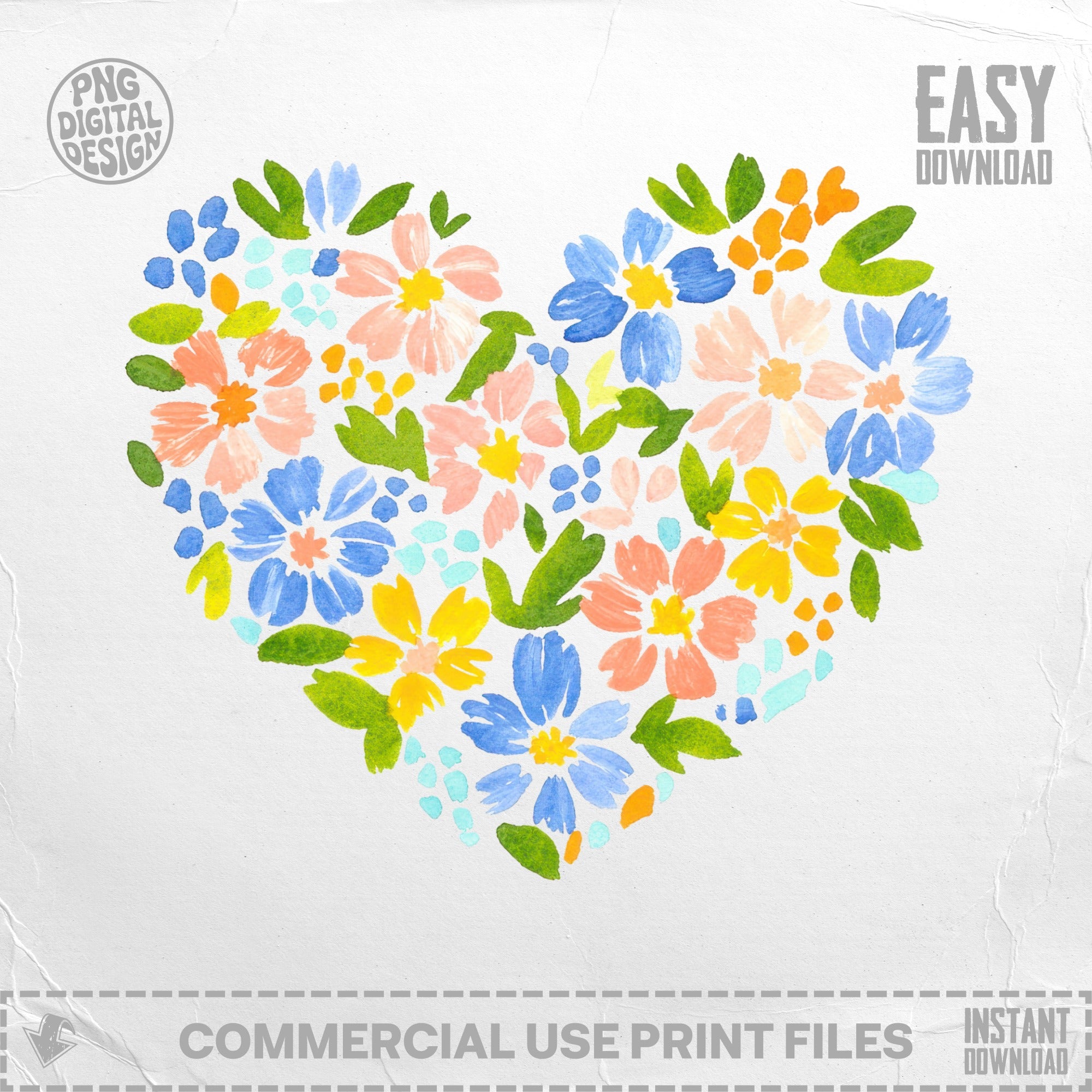 Heart shape filled with colorful watercolor flowers, with "PNG Digital Design" and "Easy Download" text.