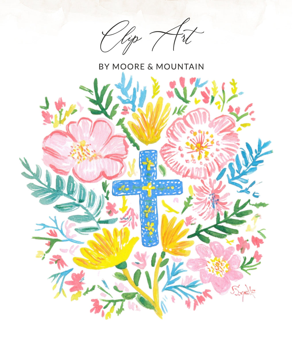 Floral wreath with a blue cross, featuring text "Clip Art" and "BY MOORE & MOUNTAIN".