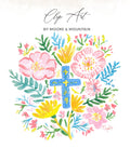 Floral wreath with a blue cross, featuring text "Clip Art" and "BY MOORE & MOUNTAIN".