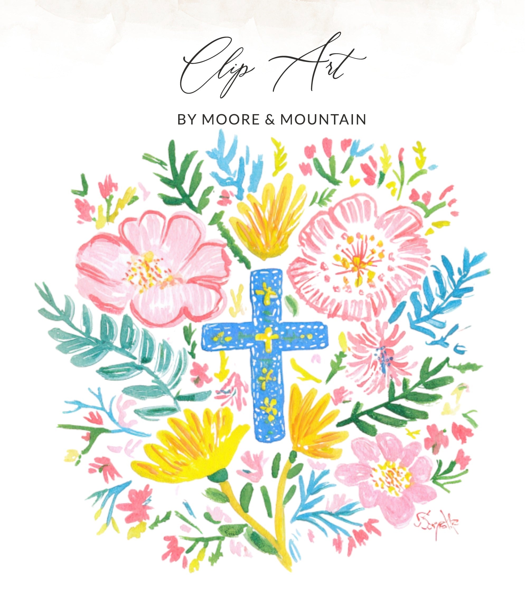 Floral wreath with a blue cross, featuring text "Clip Art" and "BY MOORE & MOUNTAIN".