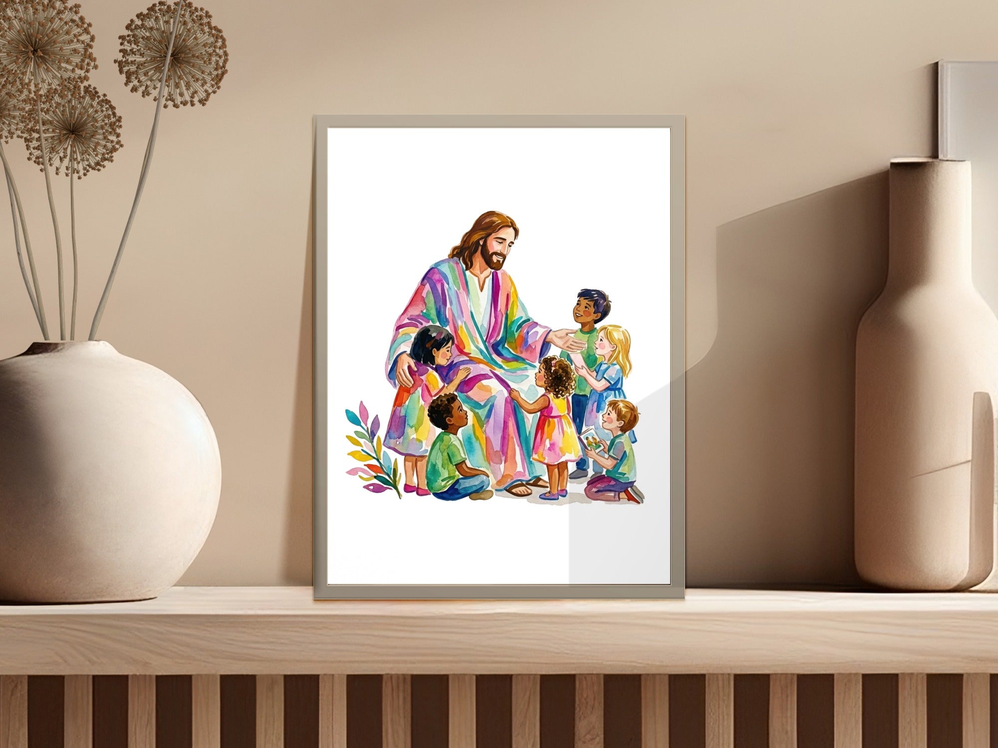 Jesus in colorful robe smiles at diverse group of children gathered around him.